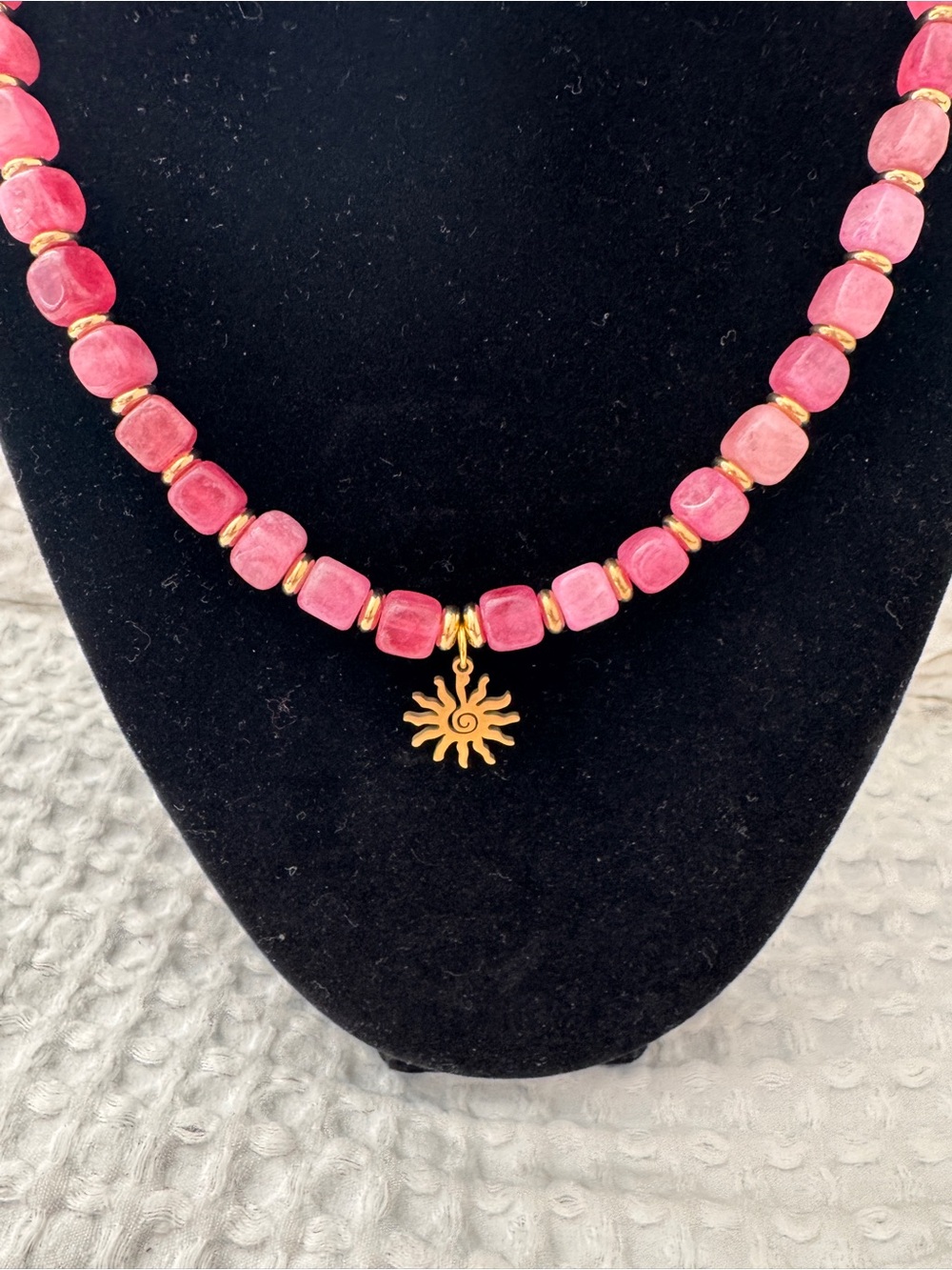 Pink Beaded Necklace with Gold Sun Charm